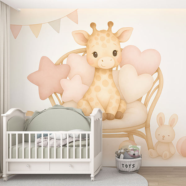 Cute Giraffe Wallpaper | Giraffe with Plush Toys and Cushions