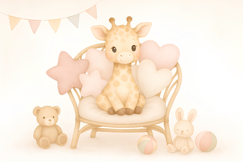 Cute Giraffe Wallpaper | Giraffe with Plush Toys and Cushions