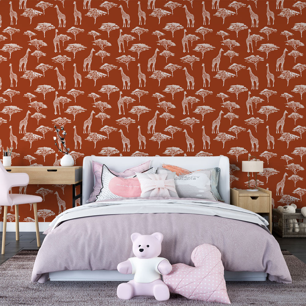 Giraffe Wallpaper | Giraffes and Trees on Terracotta Red