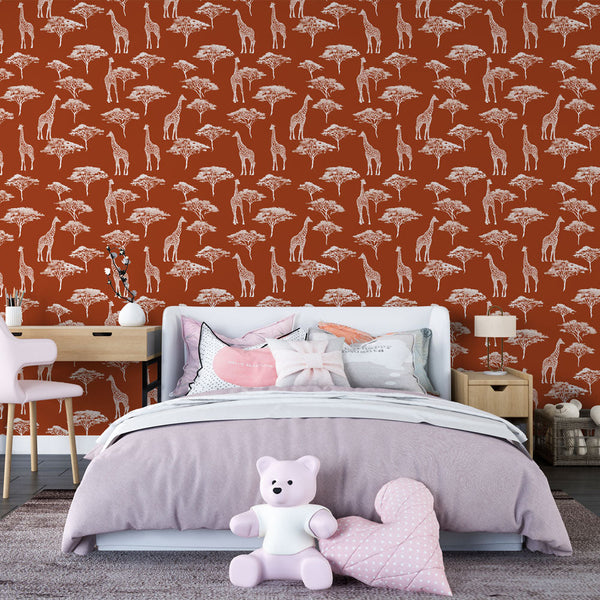Giraffe Wallpaper | Giraffes and Trees on Terracotta Red