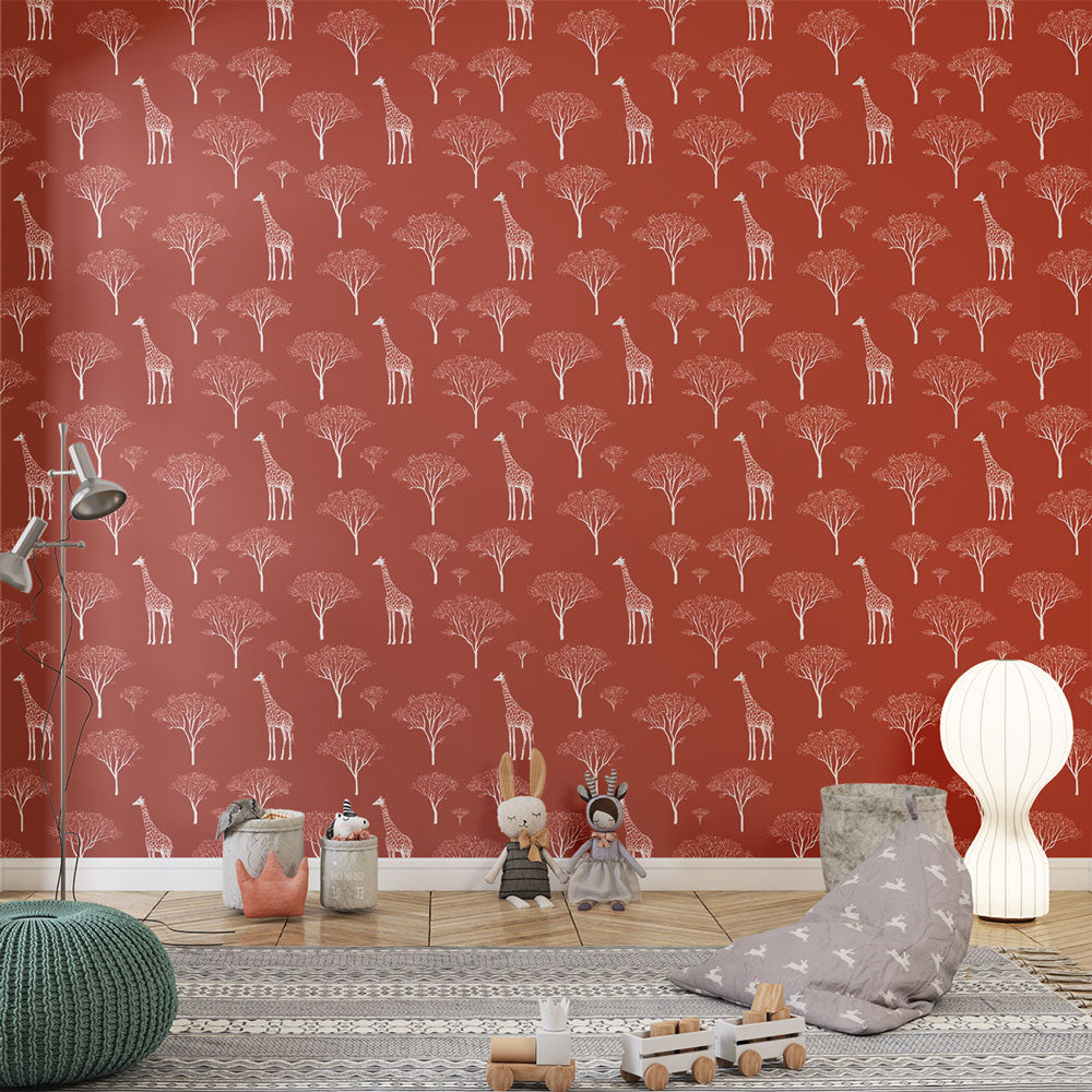 Giraffe Wallpaper | Red Savanna Trees Wall Mural