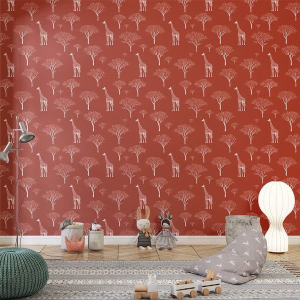 Giraffe Wallpaper | Red Savanna Trees Wall Mural