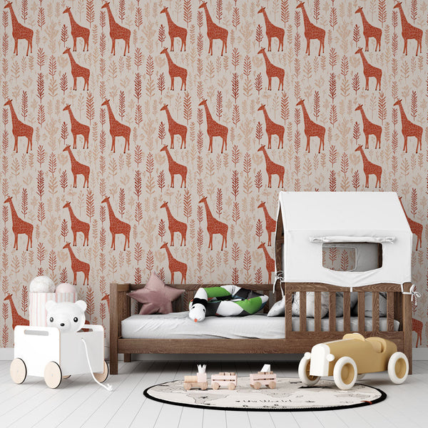 Giraffe Wallpaper | Red Giraffes and Foliage Wall Mural