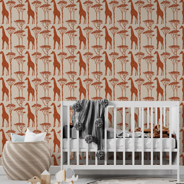 Giraffe and Acacia Wallpaper | Earthy Ochre Wall Mural