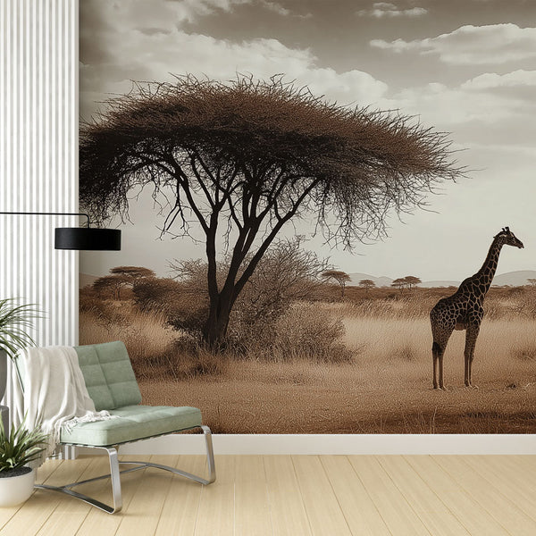 Giraffe Wallpaper | African Landscape in Sepia Tones