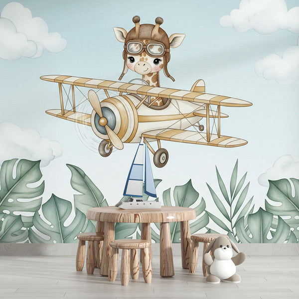 Pilot Giraffe Wallpaper | Giraffe Flying a Biplane in the Clouds