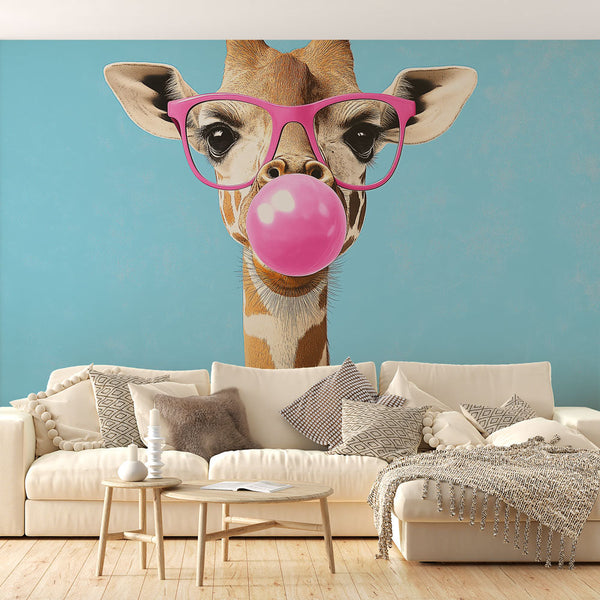 Pop Art Giraffe Wallpaper | Pink Glasses and Bubblegum Bubble