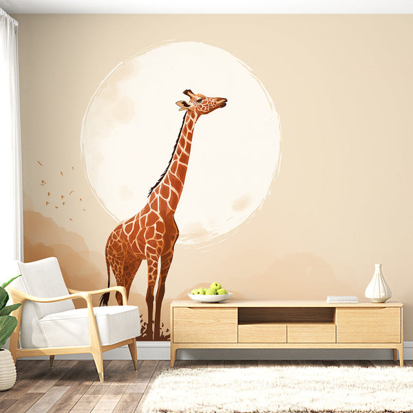 Giraffe and Moon Wallpaper | Soft Tonal Sky Mural