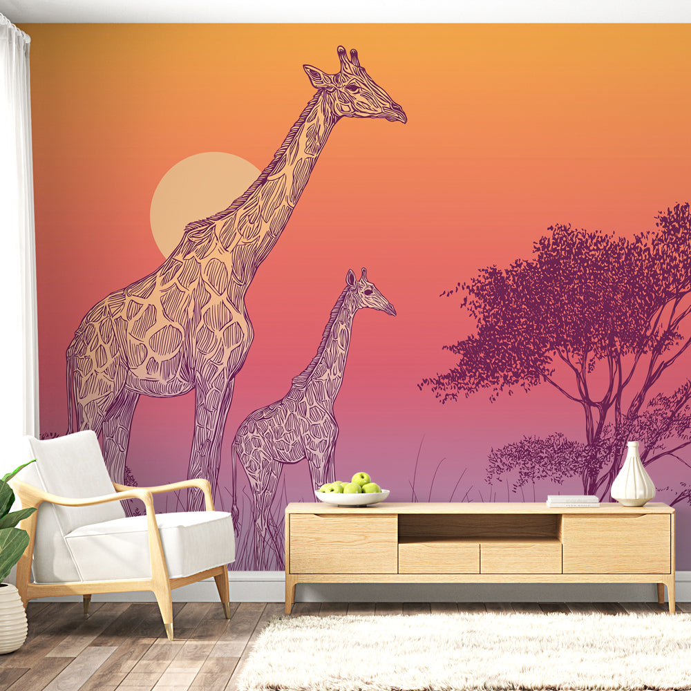 Giraffe Wall Mural | Silhouettes Under a Savanna Sunset