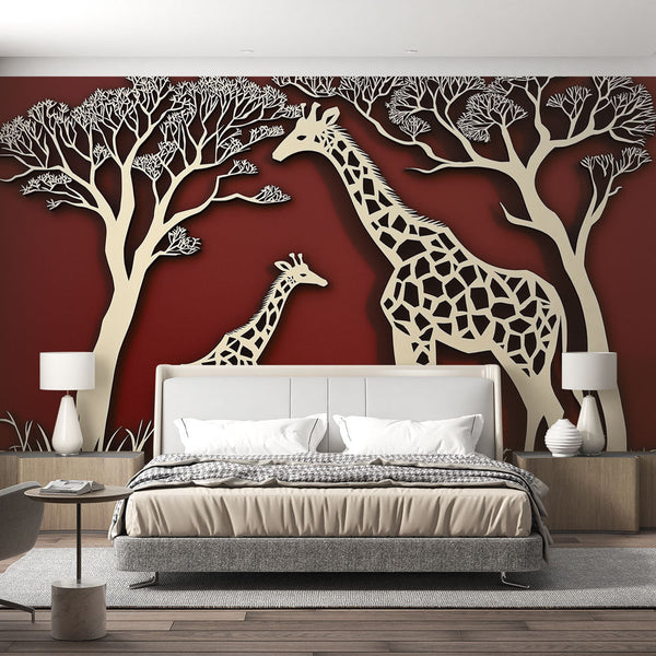 Giraffe Silhouette Wallpaper | Red Backdrop Wall Mural