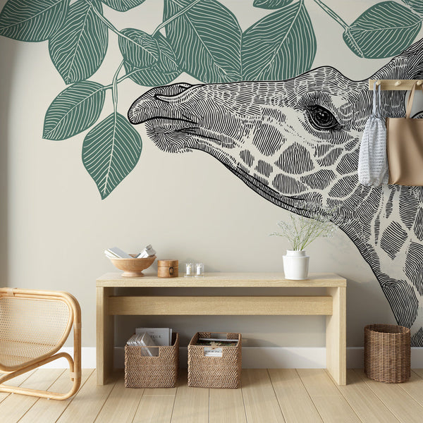 Giraffe Wallpaper | Elegant Giraffe Head Framed by Leaves