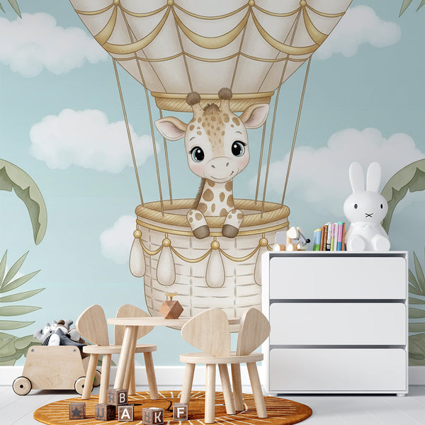 Giraffe Hot Air Balloon Wallpaper | Cloud Nursery Wall Mural
