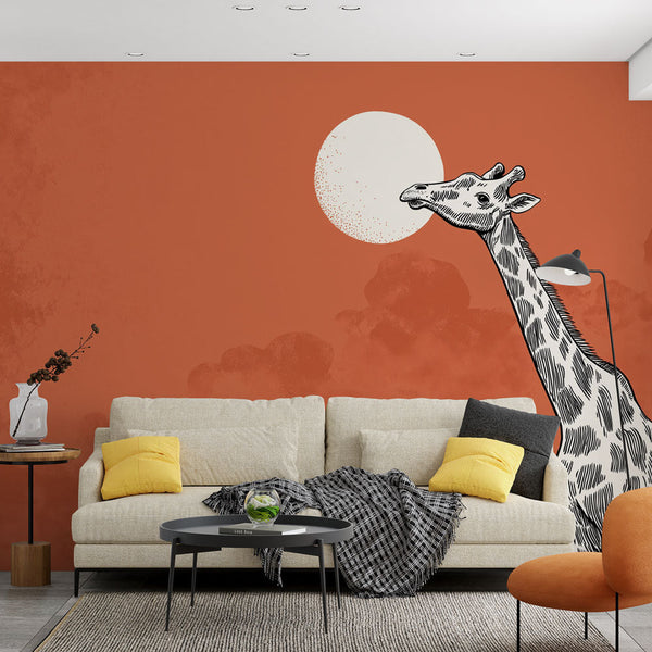 Giraffe at Sunrise Wallpaper | Warm Orange Sky Mural