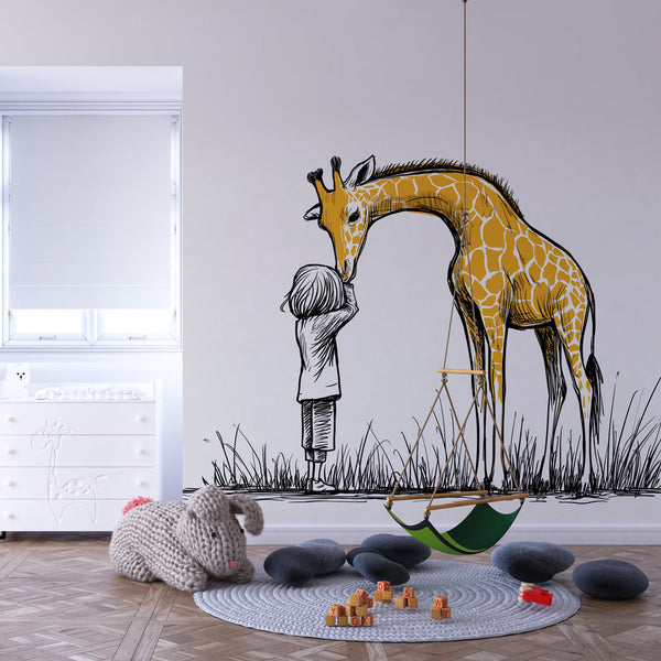 Giraffe Wallpaper | Illustrated Meeting of Child and Giraffe