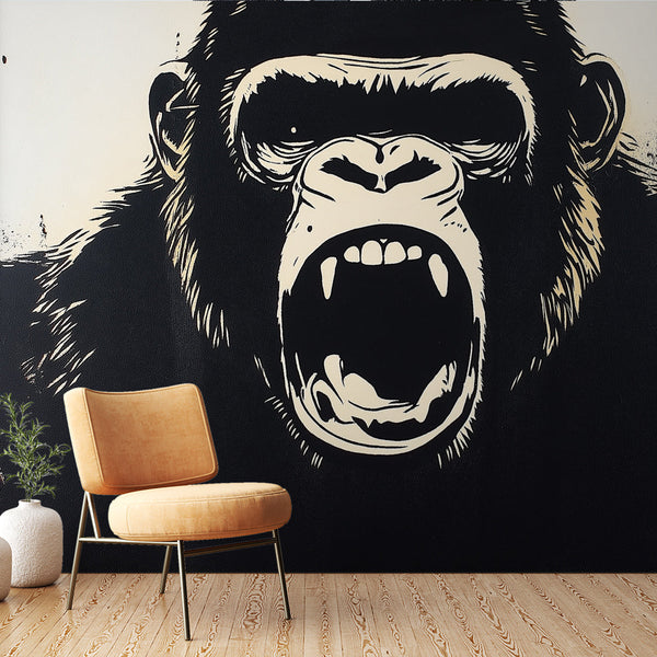 Roaring Gorilla Wallpaper | Black and Beige Illustration
