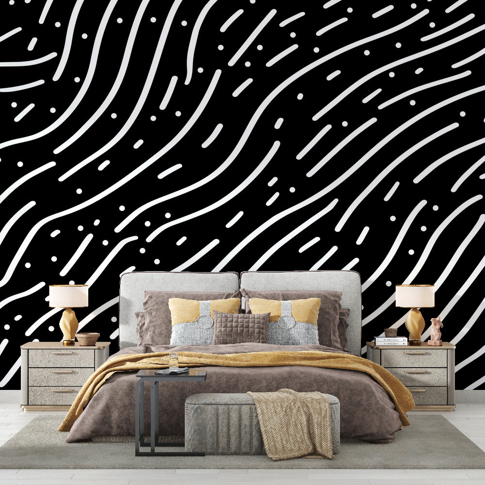 Graphic Wave Wallpaper | White Lines Wall Mural on Black