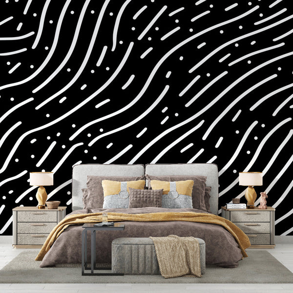 Graphic Wave Wallpaper | White Lines Wall Mural on Black