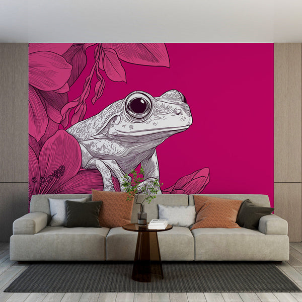 Frog Wallpaper | Bold Illustrated Frog Among Pink Flowers