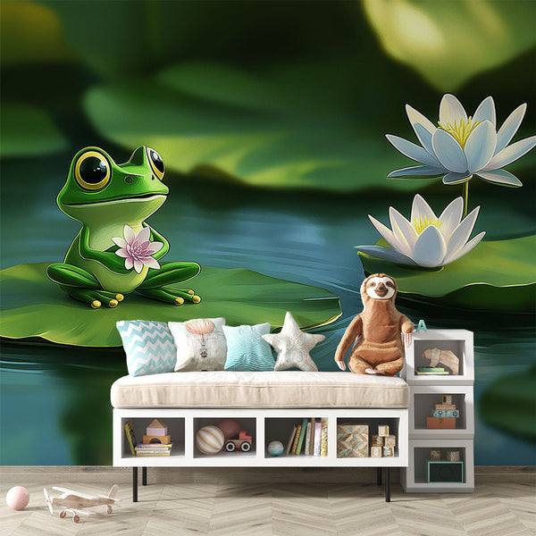 Frog Wallpaper | Joyful Frog on Lily with White Flowers