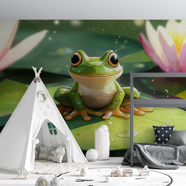 Frog Wallpaper | Green Frog on Lily Leaf with Flowers