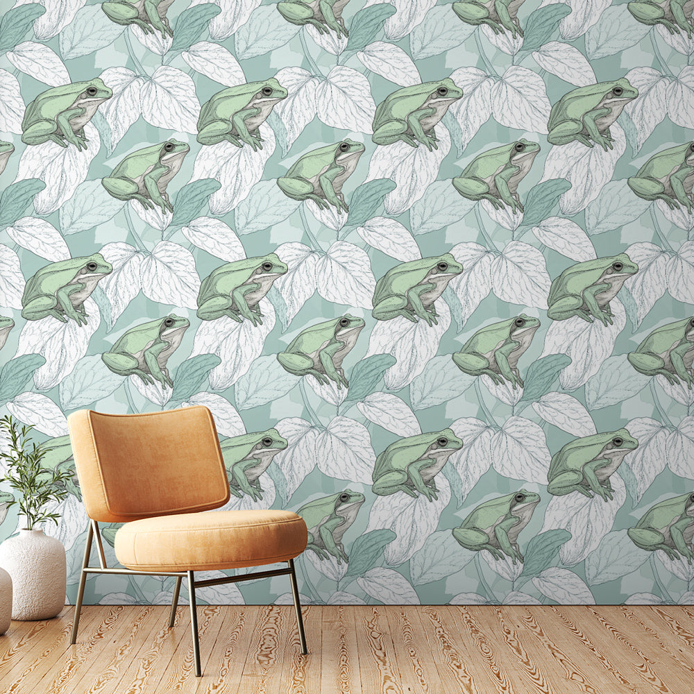 Frog Wallpaper | Green Frogs and White Leaves Wall Mural