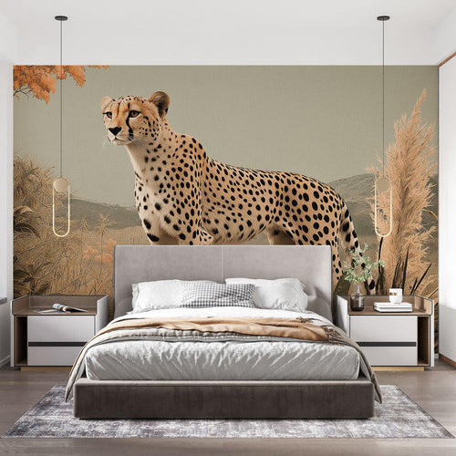Cheetah wallpaper in soft beige tones with feline among delicate vegetation