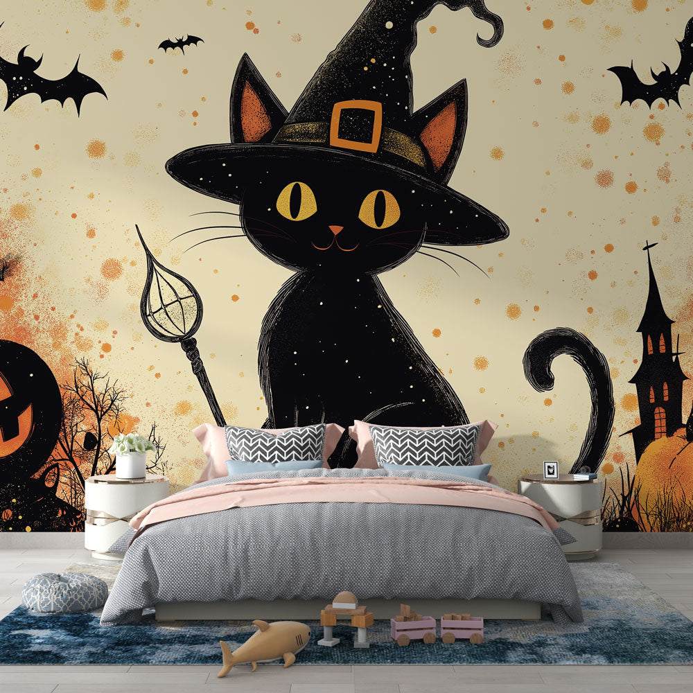 Halloween Wallpaper | Black Cat Witch with Pumpkins & Bats