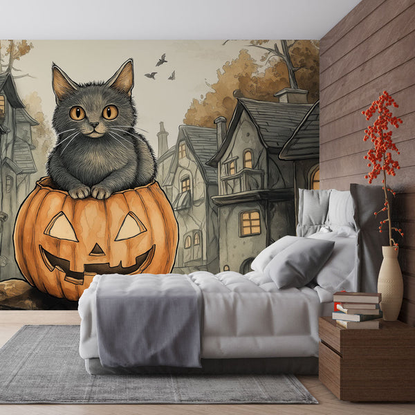 Halloween Wallpaper - Cat on Pumpkin Mysterious Scene