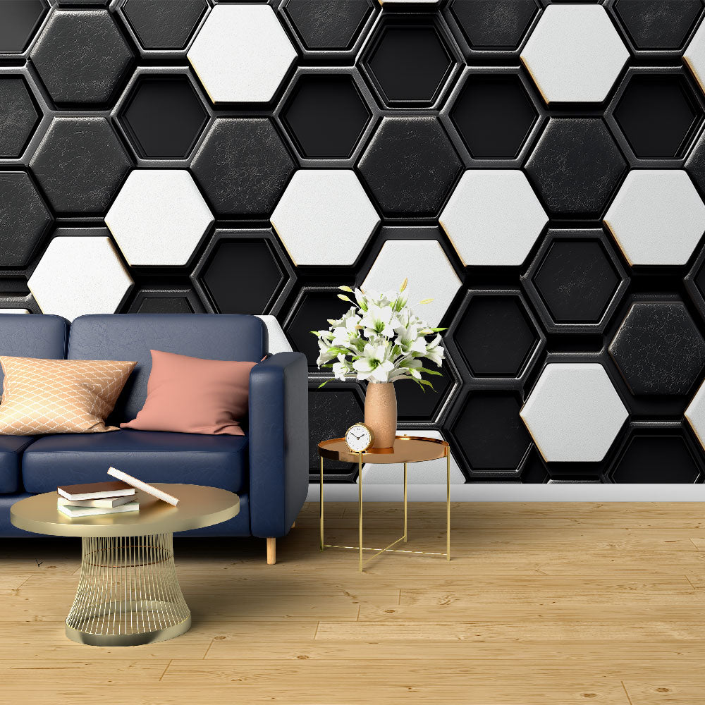 Hexagonal Wallpaper | Black & White Geometric Mural