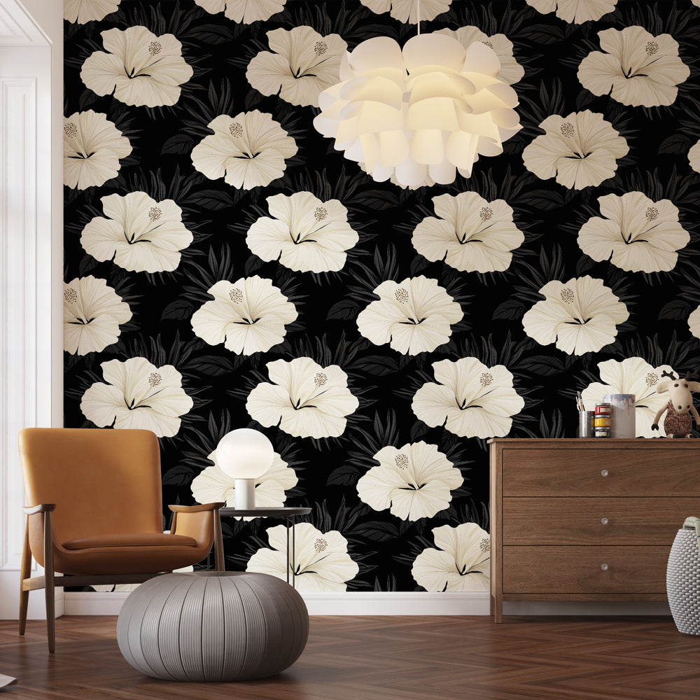 White Hibiscus Wallpaper | Elegant Blooms on Black