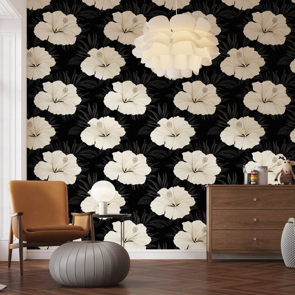 White Hibiscus Wallpaper | Elegant Blooms on Black