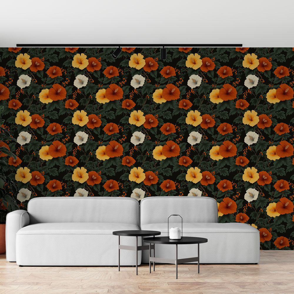 Hibiscus Wallpaper | Orange Yellow White Wall Mural Black Base