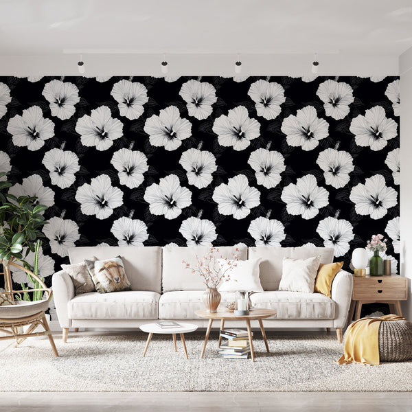 Black and White Hibiscus Wallpaper | Elegant Floral Motif