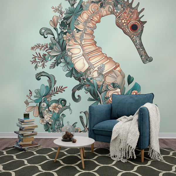 Seahorse Wallpaper | Floral and Aquatic Design in Pastel Colors