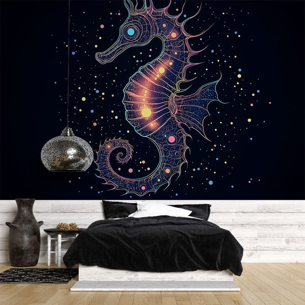 Seahorse Wallpaper | Colourful Luminous Seahorse on Black