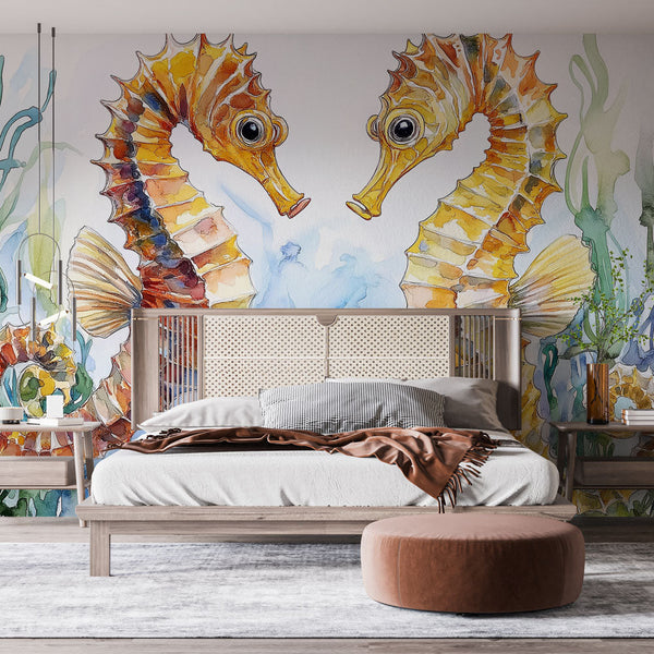 Seahorse Wallpaper | Two Seahorses in Watercolour Marine