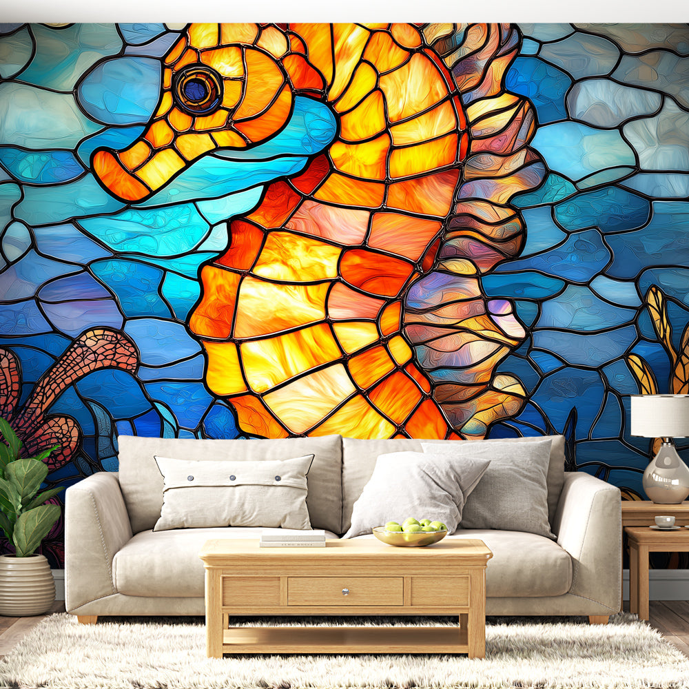 Seahorse Wallpaper | Elegant Stained-Glass Orange Seahorse Motif