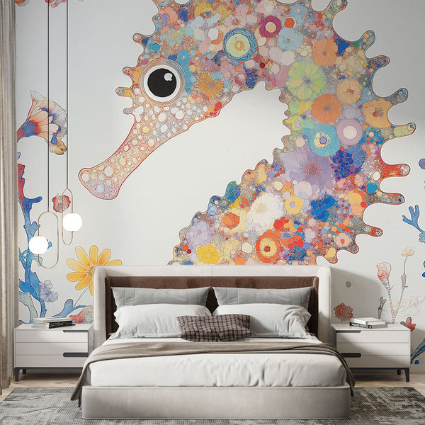 Floral Seahorse Wallpaper | Colorful Seahorse with Blooms