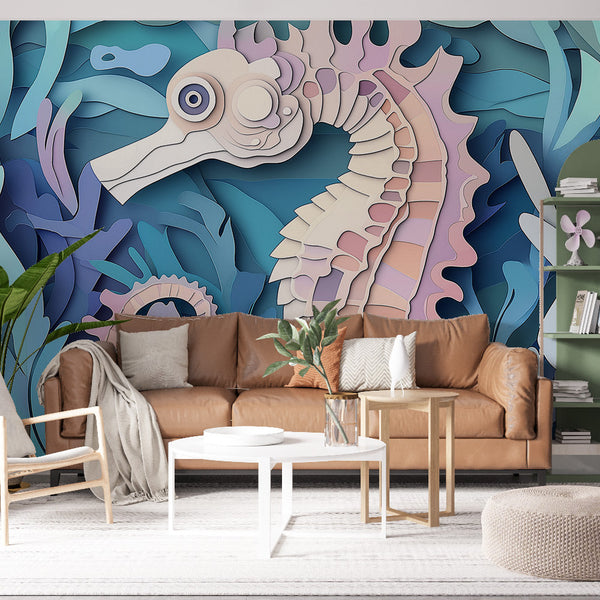 Seahorse Wallpaper | Stylized Seahorse Among Colorful Algae