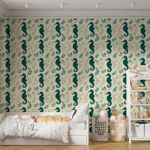 Seahorse Wallpaper | Green Botanical Ocean Wall Mural