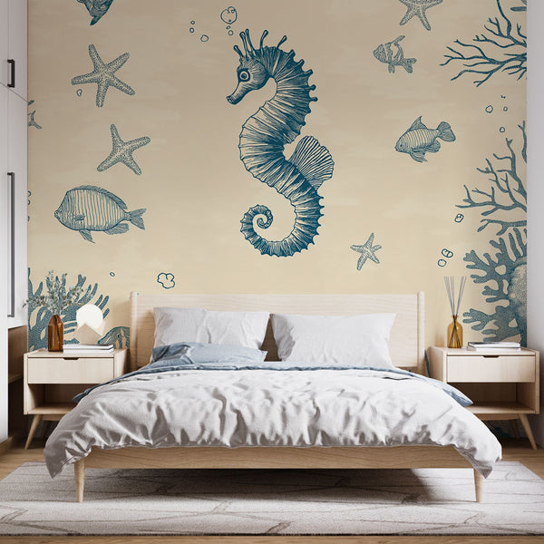 Seahorse Wallpaper | Marine Pattern with Seahorse, Fish and Coral