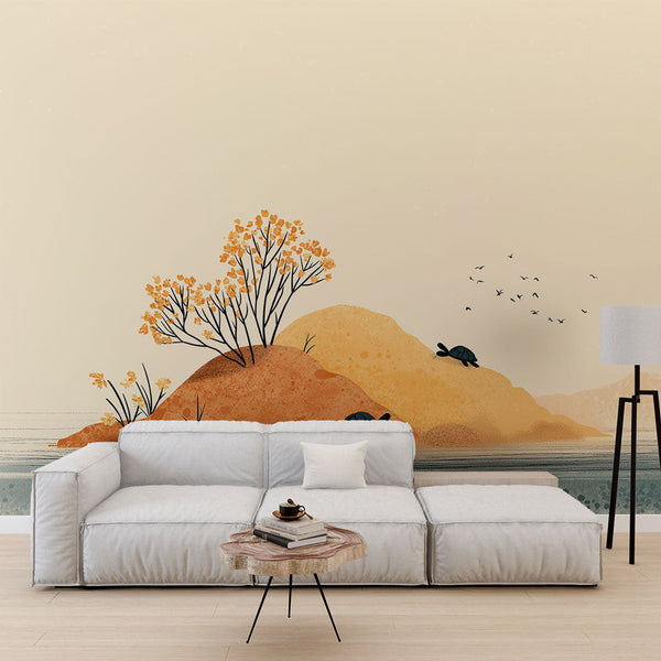 Peaceful Island Wallpaper | Turtles and Yellow Blooms Mural