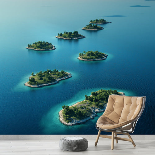 Aerial tropical islands wallpaper with deep blue sea, green islets and rocky shorelines from above.