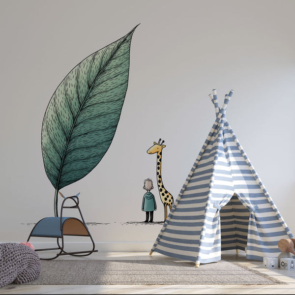 Kids Wallpaper | Child and Giraffe Admiring a Giant Leaf