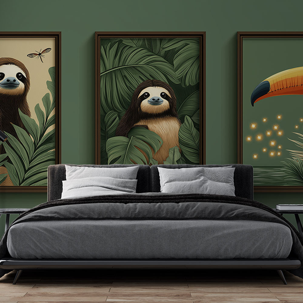 Two Smiling Sloths and Colourful Toucan Wallpaper