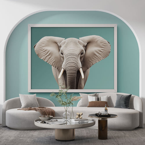 Painting-style wallpaper featuring elegant realistic elephant on turquoise background