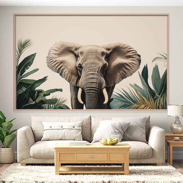 Elegant Elephant Portrait Wallpaper with Tropical Foliage