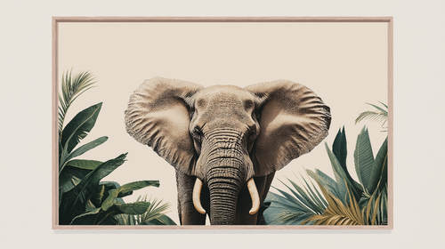 Elegant Elephant Portrait Wallpaper with Tropical Foliage