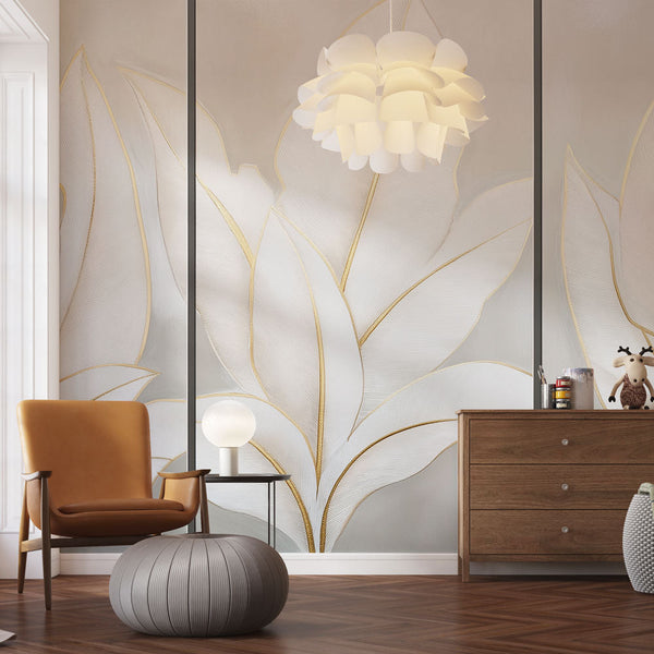 Painting-Effect Wallpaper | White Leaves with Gold Outlines
