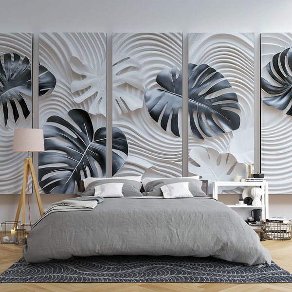 Modern Black White Leaves Wallpaper | Wavy Background Painting